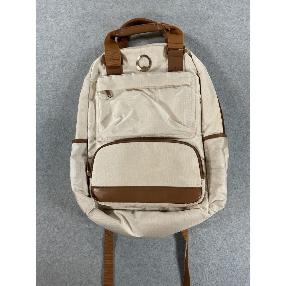 Delsey Paris Cream Canvas Backpack Brown Trim Laptop Sleeve Travel Bag